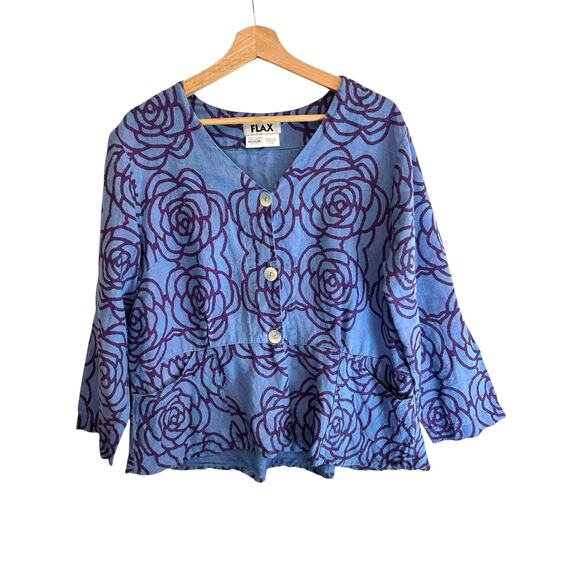 Flax 100% Linen Women's Floral Shirt Relaxed Jacket Pockets Size Medium Casual - Picture 3 of 8